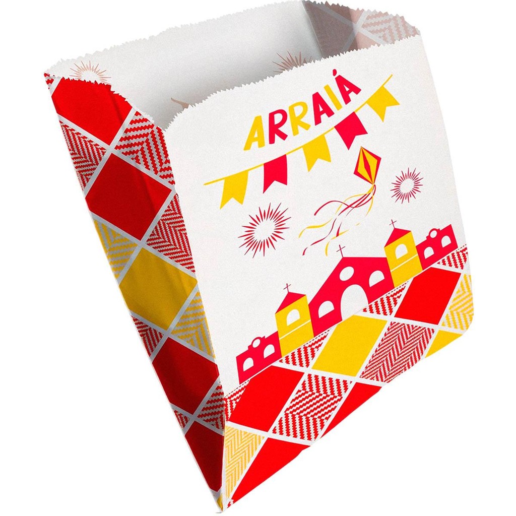 Embalagem Descartável de Festa Junina Food Truck 50 Saquinhos de Papel Divertida