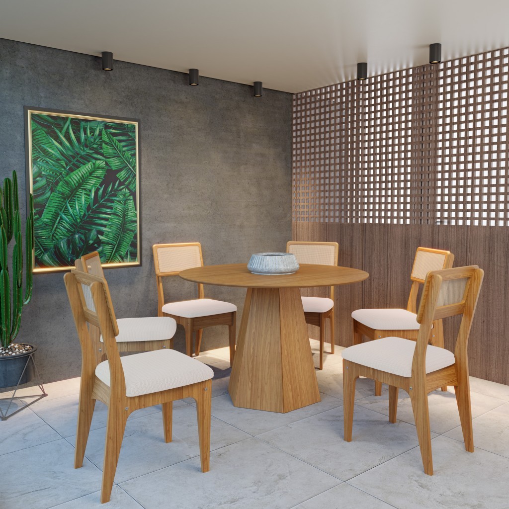 Conjunto Sala de Jantar Mesa Lisboa Base Hexagonal com 6 Cadeiras Tela Sintética Freijó/Césare Claro Bouclé - Home & Living