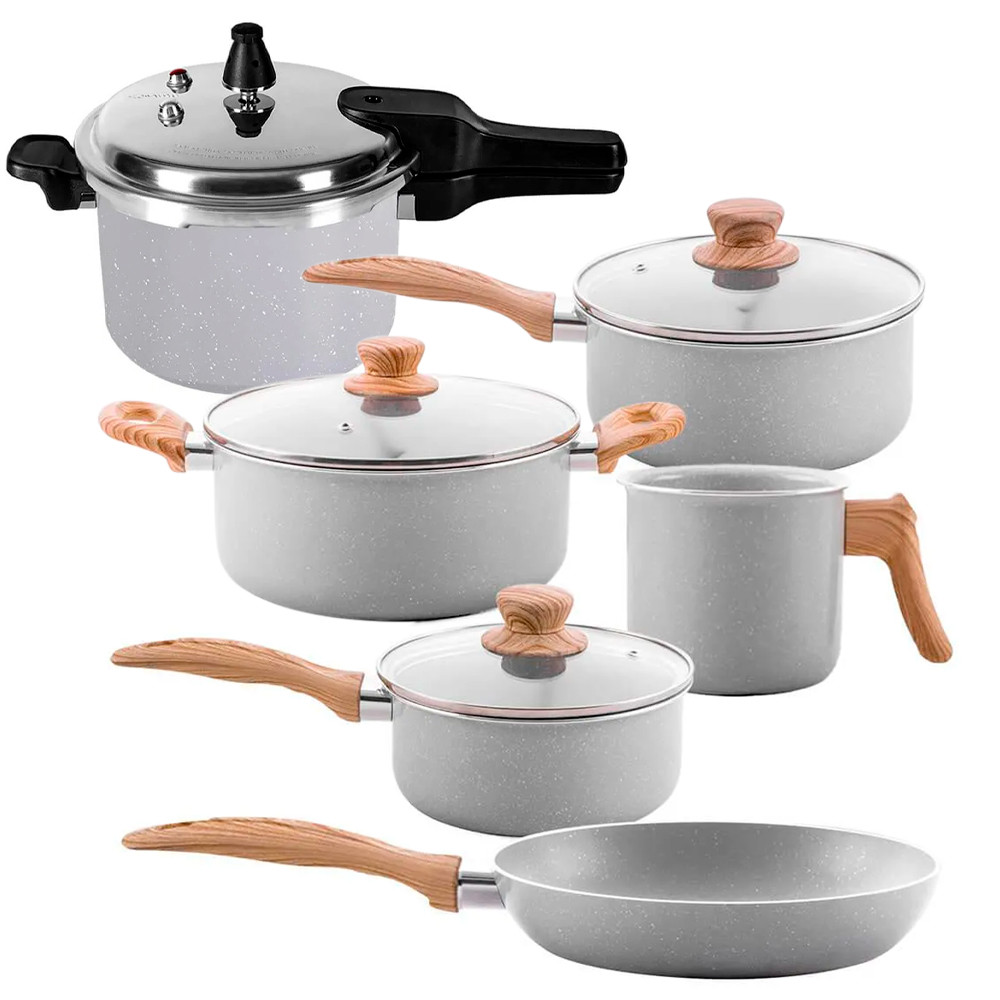 Jogo de Panelas com Panela de Pressão Antiaderente Ceramic Life Gris 6 peças - Brinox - Home & Living
