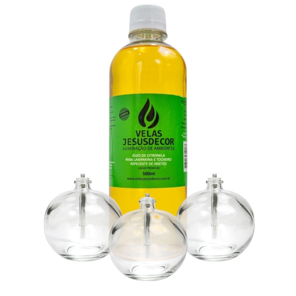 Kit 3 Velas Lamparinas Redonda Vidro 100ml Fluido Citronela 500ml Festa Junina Comemoração Igreja
