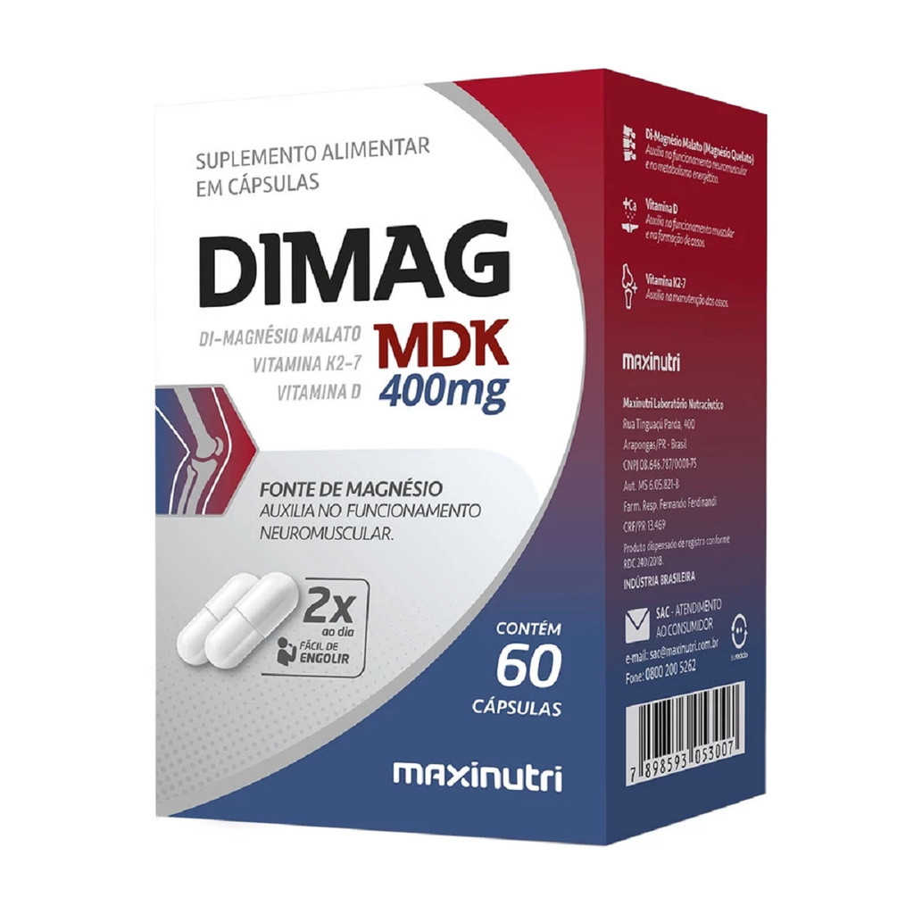 Dimag Mdk 400 mg Com 60 Cápsulas - Dimagnésio, Vitamina K e Vitamina D