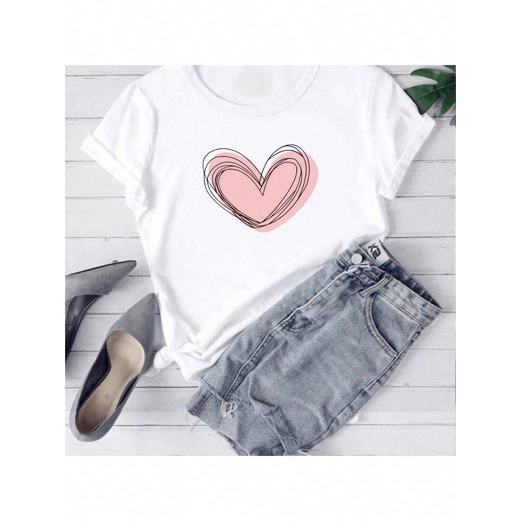 Blusinha Feminina Criança Camiseta De Manga Curta Com Gola Redonda E Estampa De Coração Rosa Para Meninas Grandes