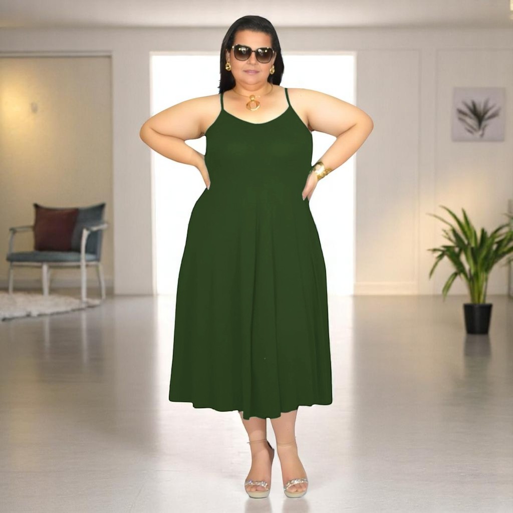 Vestido Plus Size Midi Tamanho Grande Confortável Decote V Moda Casual Elegante