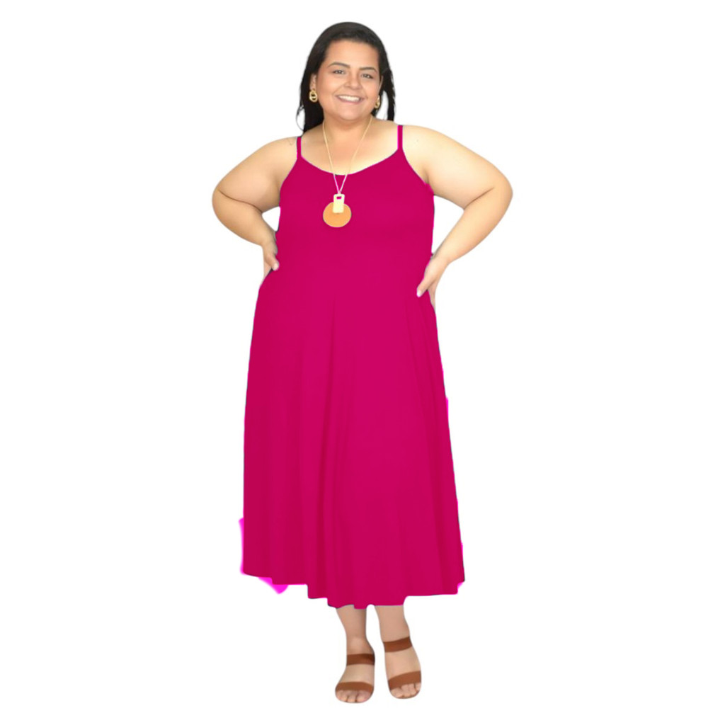 Vestido Plus Size Midi Com Bolsos Alça Fina Fresquinho Moda Verão Tam Grande