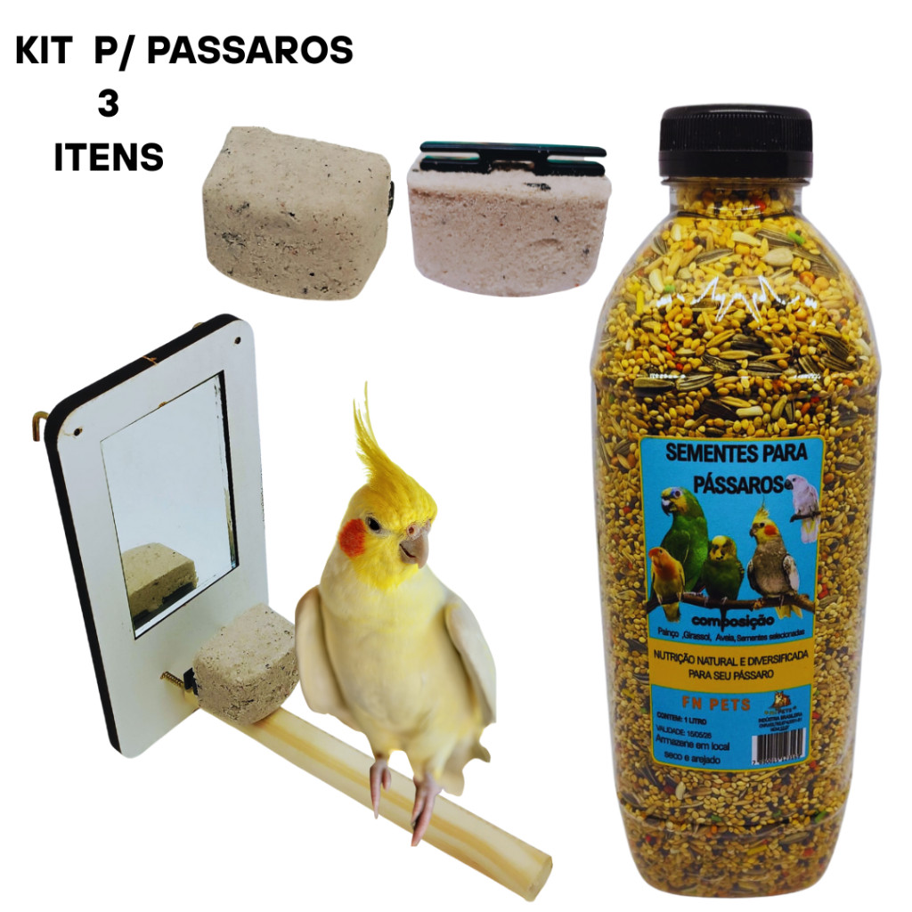 Kit para Calopsita com Espelho,Pedra de Cálcio e Sementes Completo FN Pets 3 Itens viveiro  gaiolas