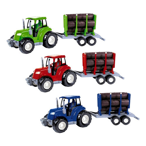 Brinquedo Trator Grande Infantil 62cm Com Carreta e Toras de Madeira e Boneco Brinquedo de Fazenda