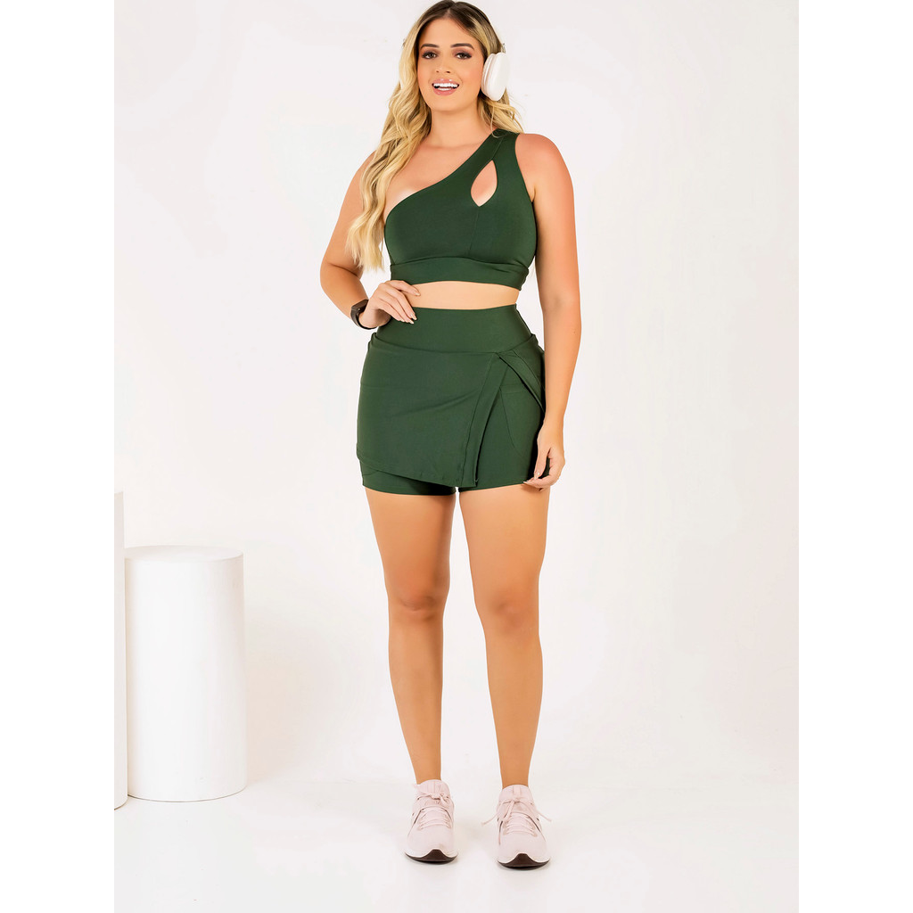 Conjunto Fitness Feminino Short Saia Com Bolso Abertura Fenda + Top Cropped Transversal Academia Caminhada The Start