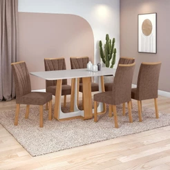 Conjunto Sala de Jantar Mesa Easy Pop 170x90 Tampo Vidro/MDF 6 Cad Confort Couro Avelã Amendoa/off