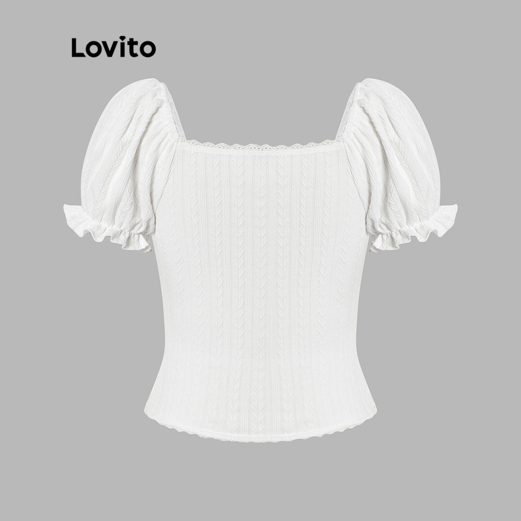 (Trendy) Lovito Blusa Com Botão Bufantes Com Decote Coração Para Mulheres L45AD075 (Esbranquiçado) em Oferta na Shopee