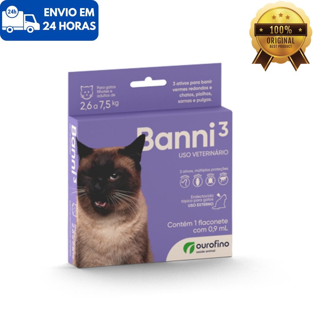 Kit 1 até 4 Caixa Banni 3 Antipulgas Gato Adulto Filhote Vermifugo Sarna Ouvido Dermatite Ourofino de 2,6 a 7,5 Kg
