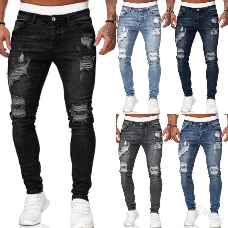 Calças Jeans Masculinas Rasgadas Slim Fit