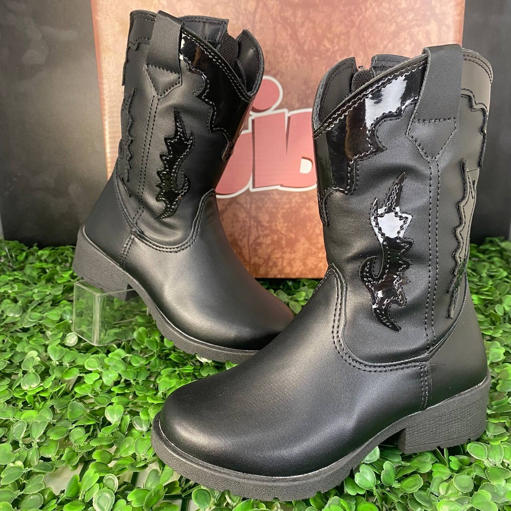 Bota Infantil Country Texana Preto 9641 Detalhes em verniz confortável Calce Fácil Ziper