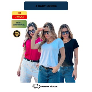 Kit 3 Blusas Feminina Manga Curta Gola V T-Shirt em Oferta na Shopee