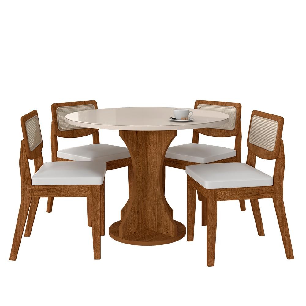 Mesa Com 4 Cadeiras Redonda C/vidro Santorini Fre/off/corino Bco - M.a