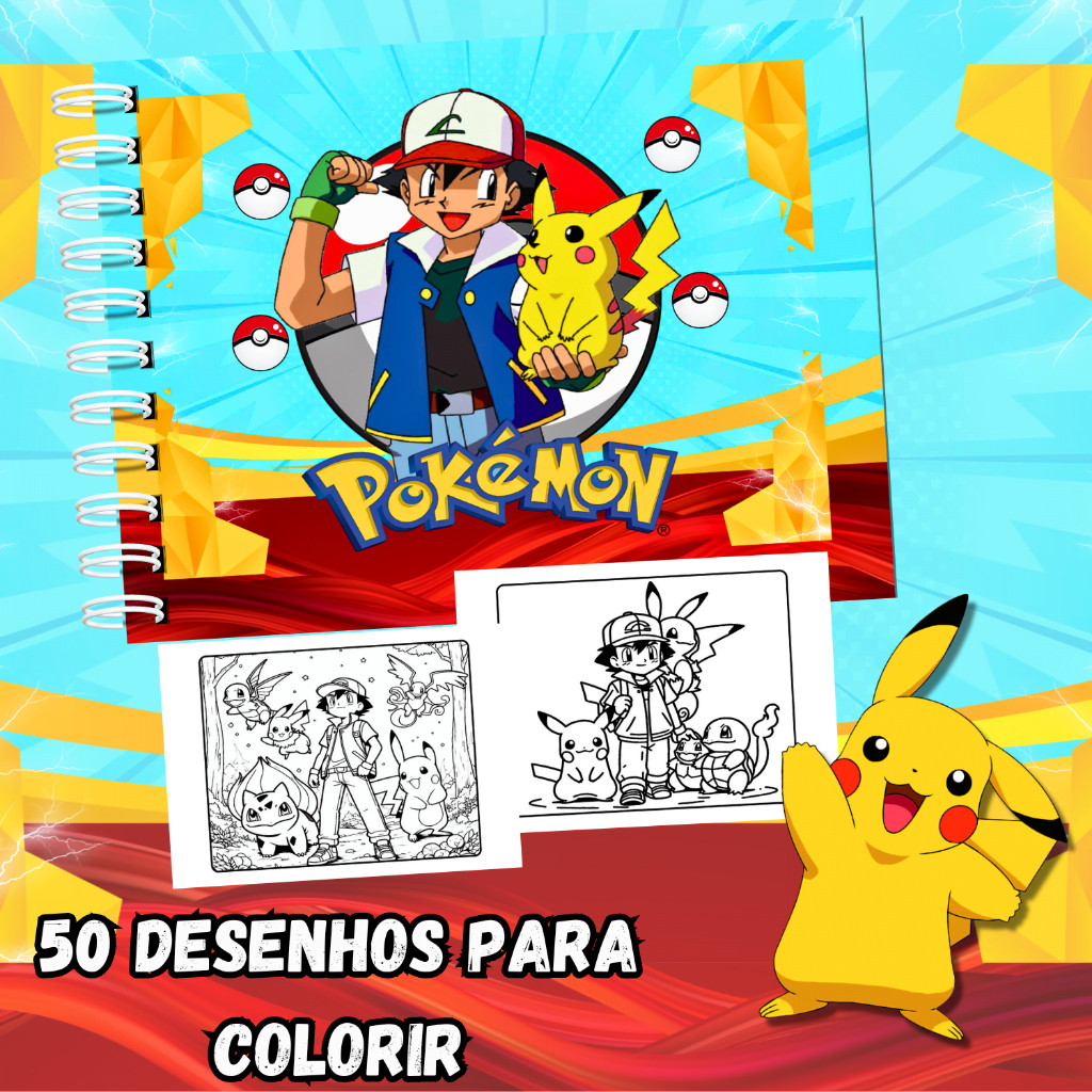Livro De Colorir Pokemon  A5 Folhas 180g 50 Folhas Capa Dura Acompanha Acetato