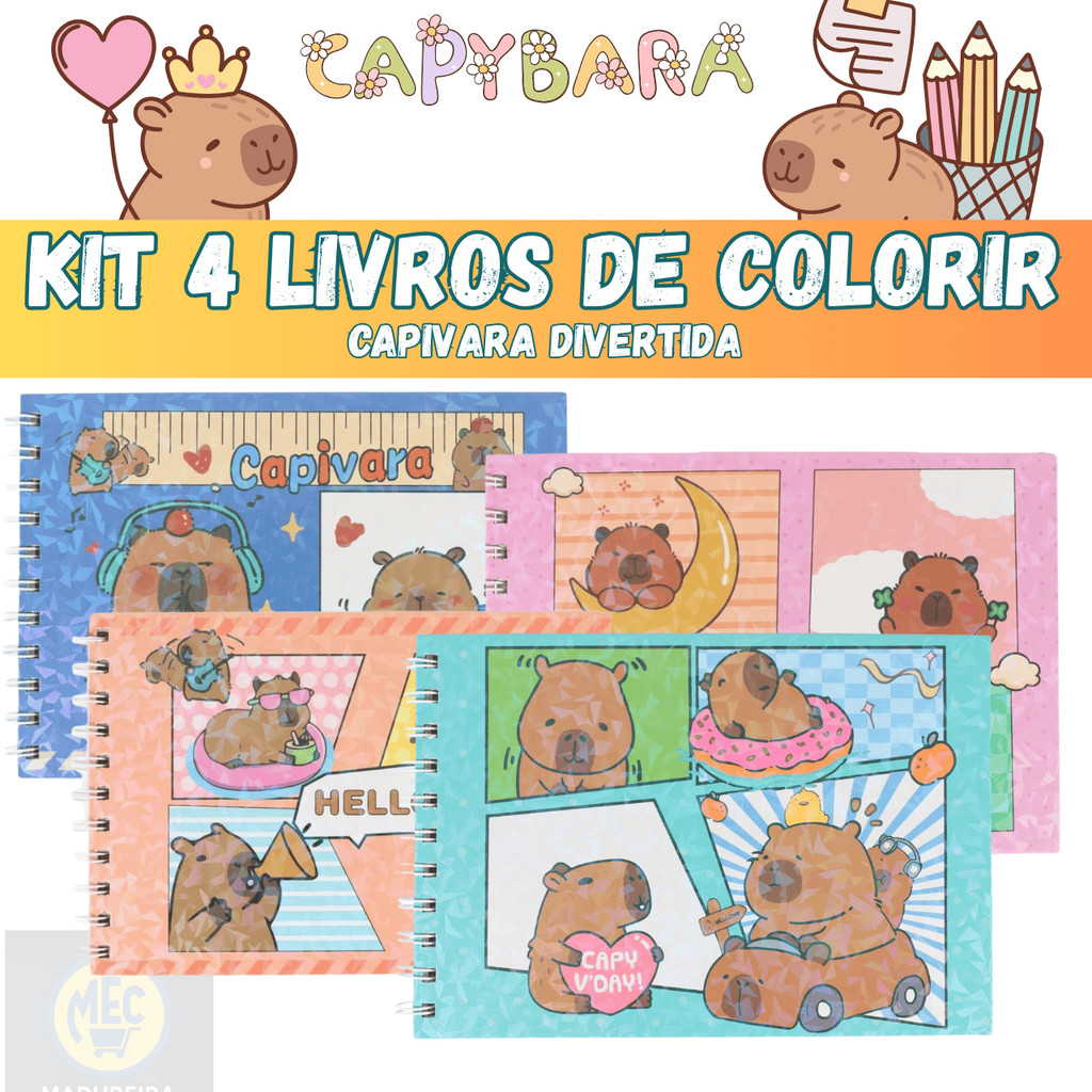 Livro De Colorir Personagens Kit 4 Cadernos 50 Páginas Capa Flexível Ursinho Capivara Tipo Bob Good