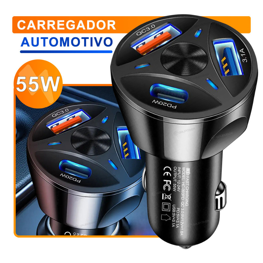 Carregador Veicular Turbo USB 3.0 USB-c USB 3.1A Carregamento Rapido 55w em Oferta na Shopee