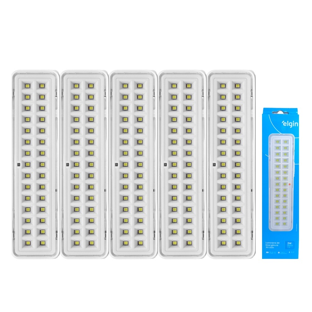 Kit 5 Lâmpada Luminária de Emergência Elgin 30 Leds 2w Recarregável Bivolt 6500k 1/2/3/4/5 Unidades