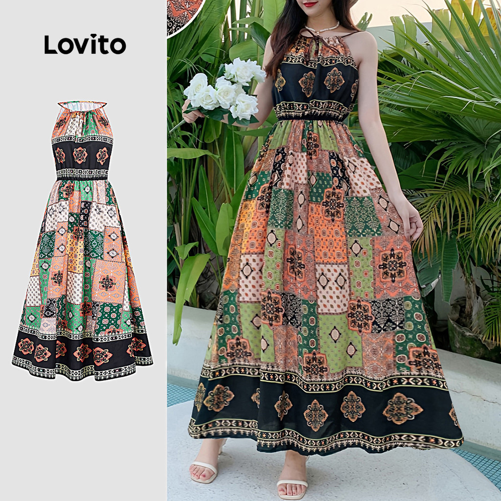 Lovito Vestido Boho Tribal estampado com babados e bainha com cordão estilo Resort para mulheres L132ED164 em Oferta na Shopee