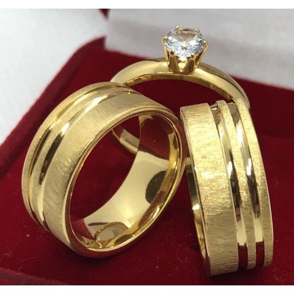 Par De Aliança Com Anel Solitário e Caixa Veludo Vermelha Casamento Grossa Noivado Compromisso