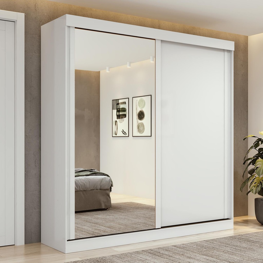 Guarda-Roupa 2 Portas de Correr 2 Gavetas Easy Light com Espelho Branco em Oferta na Shopee