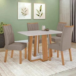 Conjunto Sala de Jantar Mesa Easy Pop 120x80cm Tampo Vidro/MDF 4 Cad Confort Suede Bege Amendoa/off