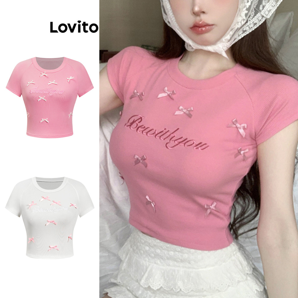Lovito Camiseta Fofa Com Bordado De Laço Liso Para Mulheres L88AD188 - Women Clothes
