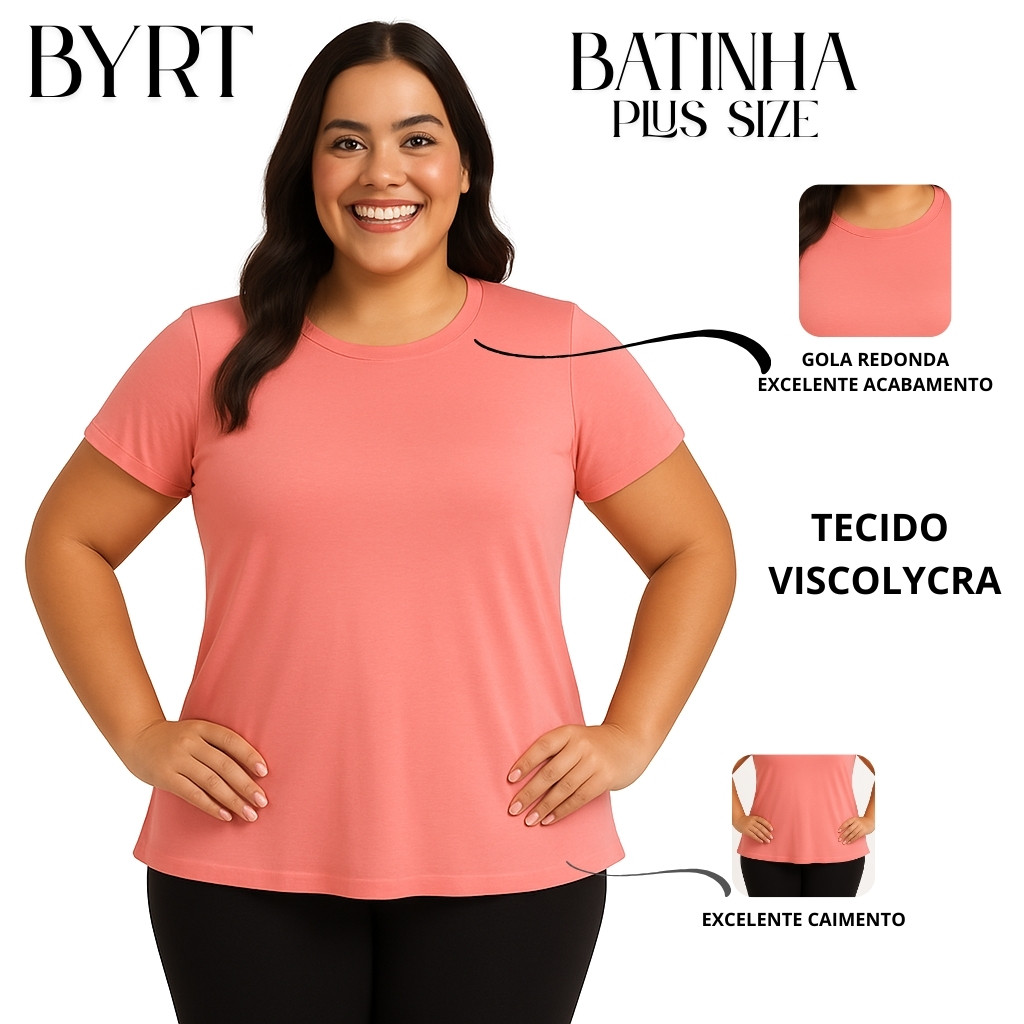 Blusa Batinha Plus Size Feminina BYRT – Básica Gola Redonda Viscose em Oferta na Shopee