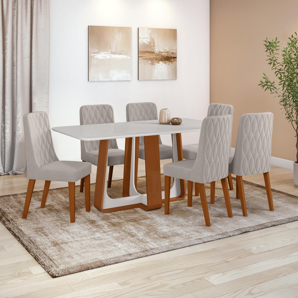 Conjunto Sala de Jantar Mesa Easy Pop 170x90cm Tampo Vidro/MDF com 6 Cadeiras Seat Veludo Capuccino Frassino/Off em Oferta na Shopee