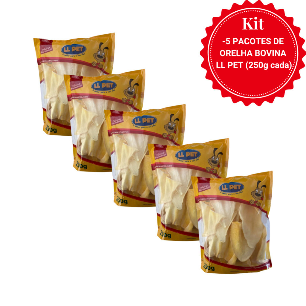 kit - 5 Pacotes de Orelha 250g cada - Petisco Natural Orelha Bovina Desidratada Mordedor Cão LL PET