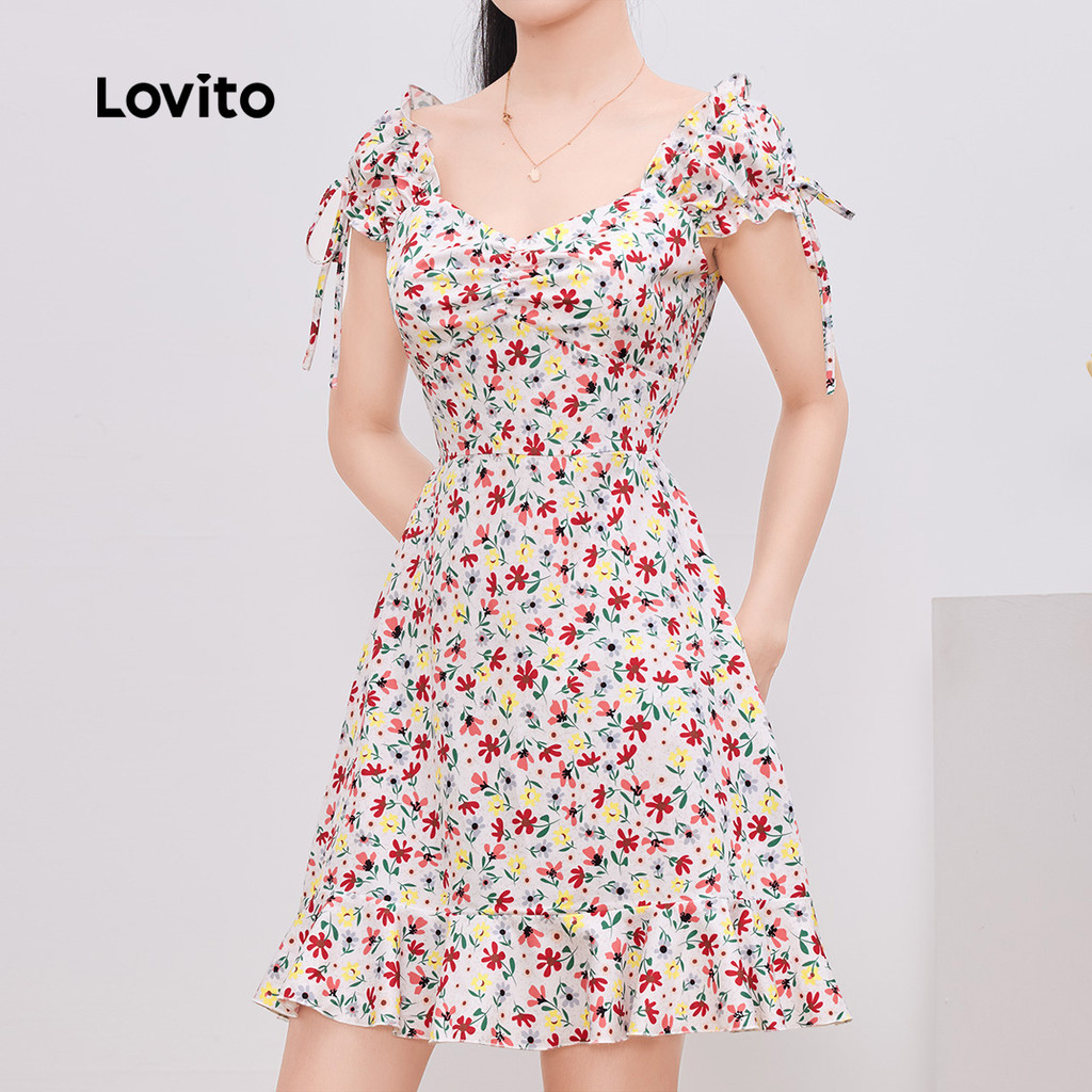 Detalhes do Lovito Casual Ditsy Floral Ruffle Hem Lace Up Zipper Verão Primavera Vestido Multicolor Para Mulheres L131LD1317
