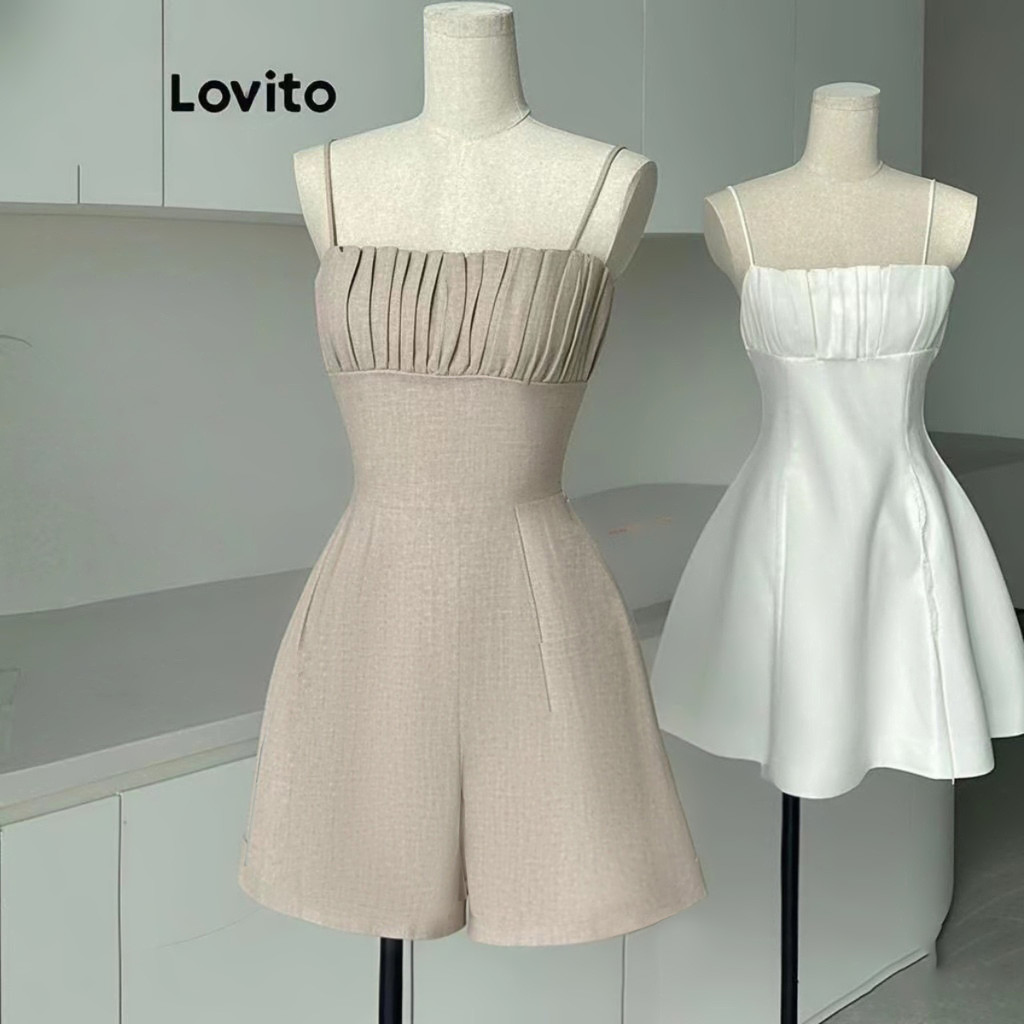 (Trendy) Lovito Macacão Casual Liso Com Zíper Plissado Primavera/Verão Cáqui Para Mulheres L134ED002 - Women Clothes