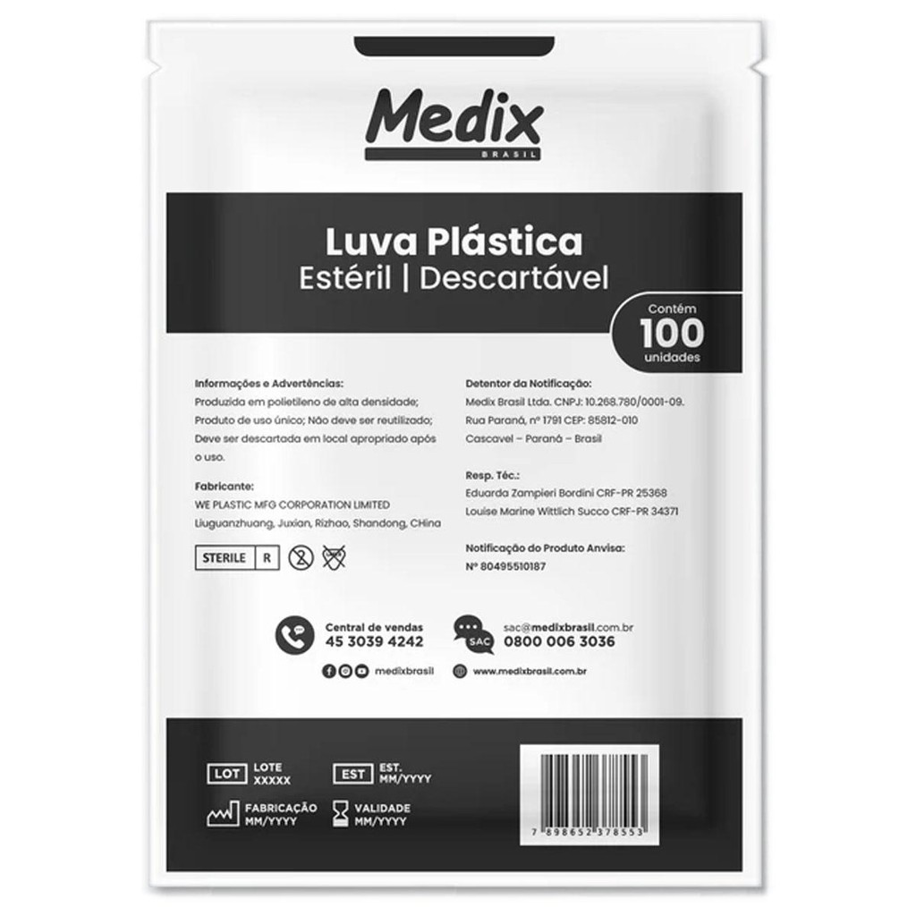 Luva Plástica  Estéril  Embalada Individualmente 100 Unidades