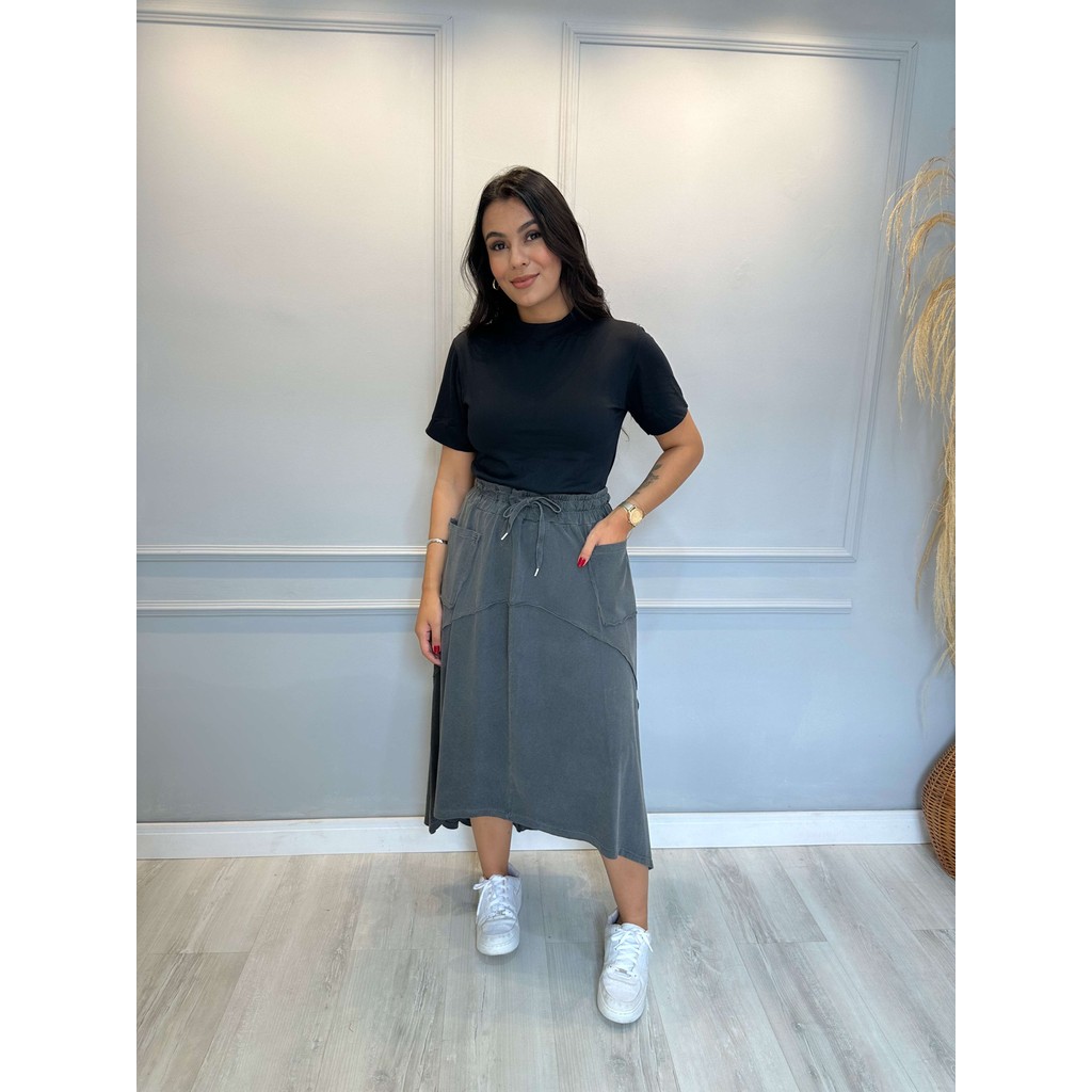 Saia Midi Feminina Ajustável Estonada 100% Algodão Malha Confortável Cintura Alta Live em Oferta na Shopee