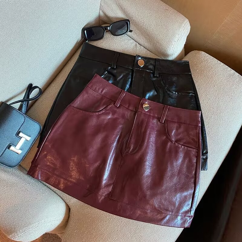 Americano Minimalista sexy Moda casual Tendência All-Match Borgonha Cintura Alta Saia Quadril Couro em Oferta na Shopee