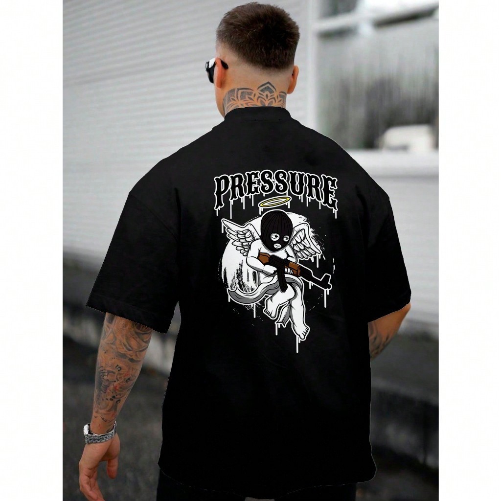 pressure anjo gun thug gym  Camiseta Unissex Masculino Feminino 100% Algodão Streetwear Plus Size