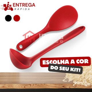 Kit 2 Utensílios Silicone – Concha 29cm e Colher de Arroz 21,5cm Reforçada, Preto e Vermelho