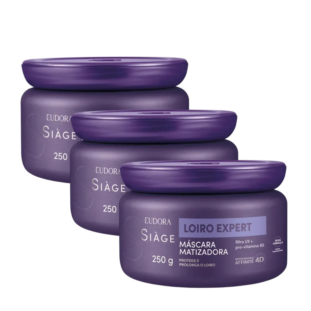 Kit 3 Máscara Matizadora Loiro Expert Desamareladora Violeta Platinado Hidratação 250g Eudora Siàge