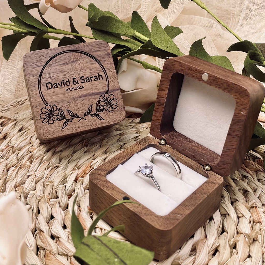1pc Caixa Esculpida Em Madeira Personalizada Nome Personalizado Texto Fechamento Magnético Contém 2 Anéis De Anel Para N