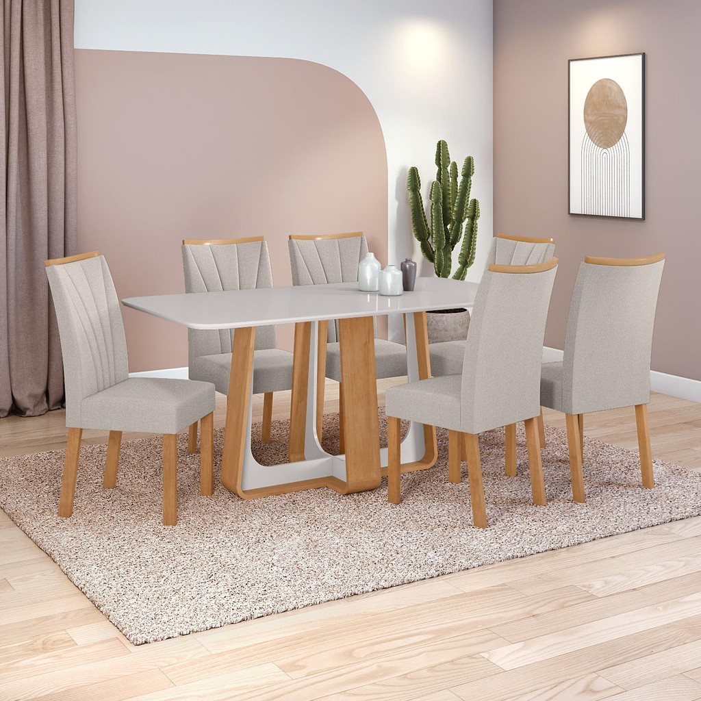 Conjunto Sala de Jantar Mesa Easy Pop 170x90cm Tampo Vidro/MDF 6 Cad Confort Linho Cinza Amendoa/off
