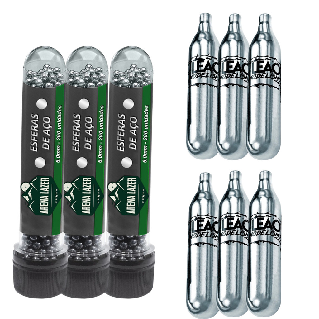 Kit Esportivo de Alta Performance: 600 Esferas de Aço Carbono 6mm + 6 Cartuchos CO2 12g Leão Modelismo