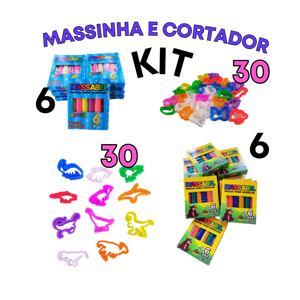 kit 6 Massinha c/ 06 cores + 6 Massinha com Glitter 2+ 60 Cortador