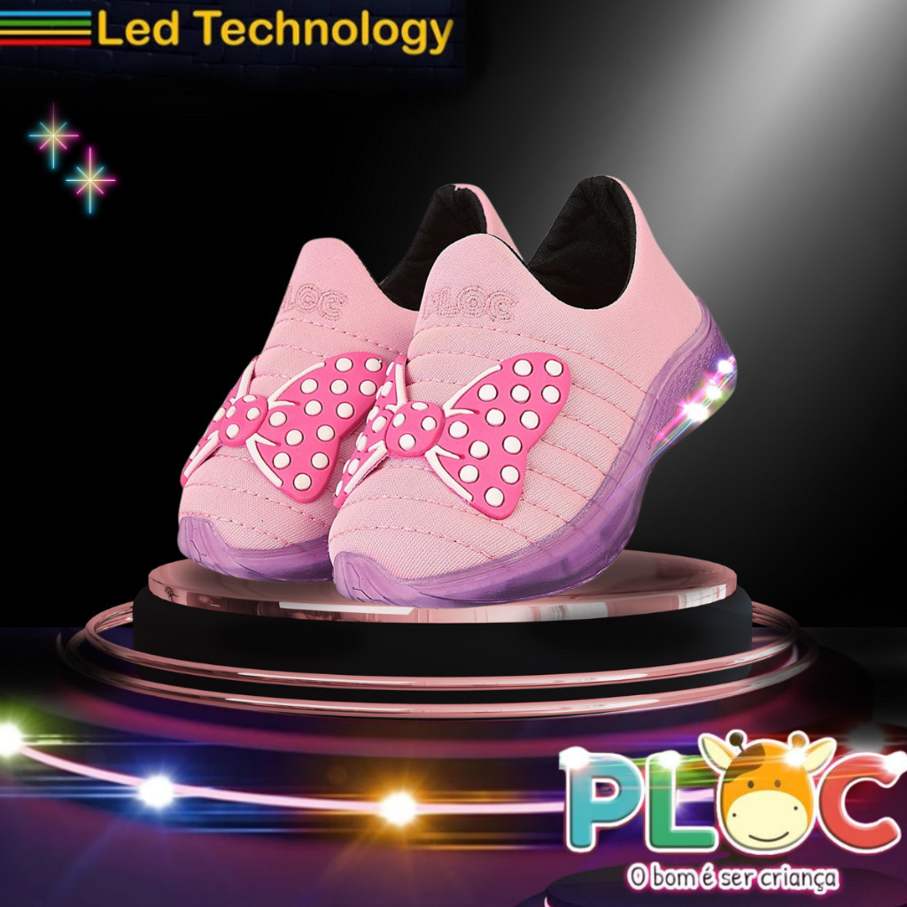 Tênis Led Infantil Luzinha Menina Calce Fácil Confortável Anatômico PLOC LED18 - ROSA LAÇO MINNIE PINK POÁ