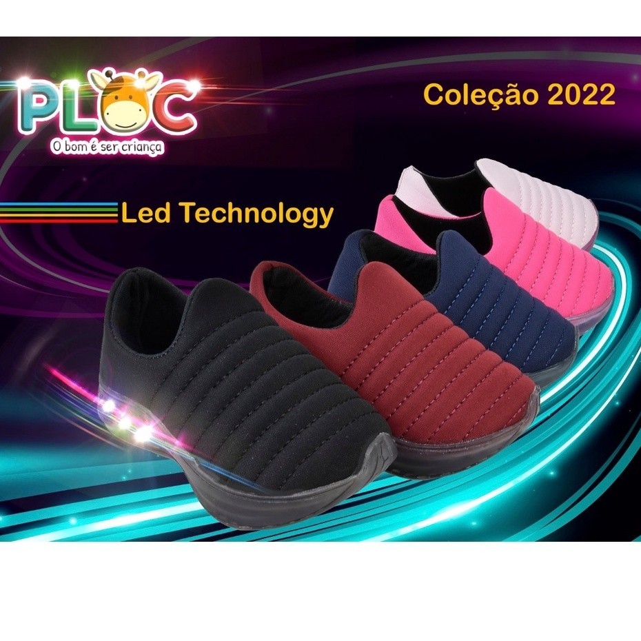 Tênis Led Infantil Luzinha Menina Meia Calce Fácil Leve Flexível Confortável Anatômico PLOC LED26