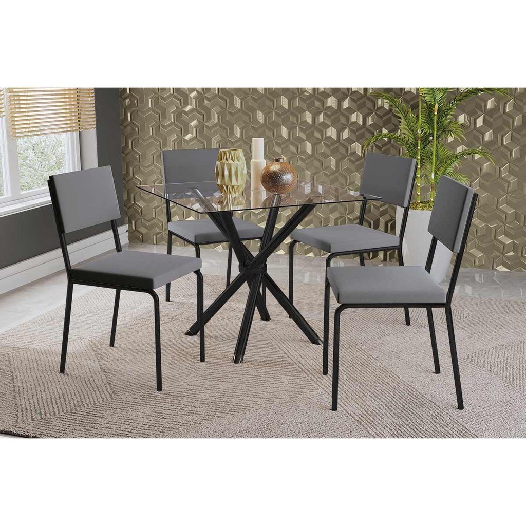 Sala de Jantar Completa Volga c/ Tampo de Vidro 90cm e 4 Cadeiras Zaria Preto - Suede Cinza - Kappesberg em Oferta na Shopee