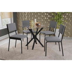 Sala de Jantar Completa Volga c/ Tampo de Vidro 90cm e 4 Cadeiras Zaria Preto - Suede Cinza - Kappesberg