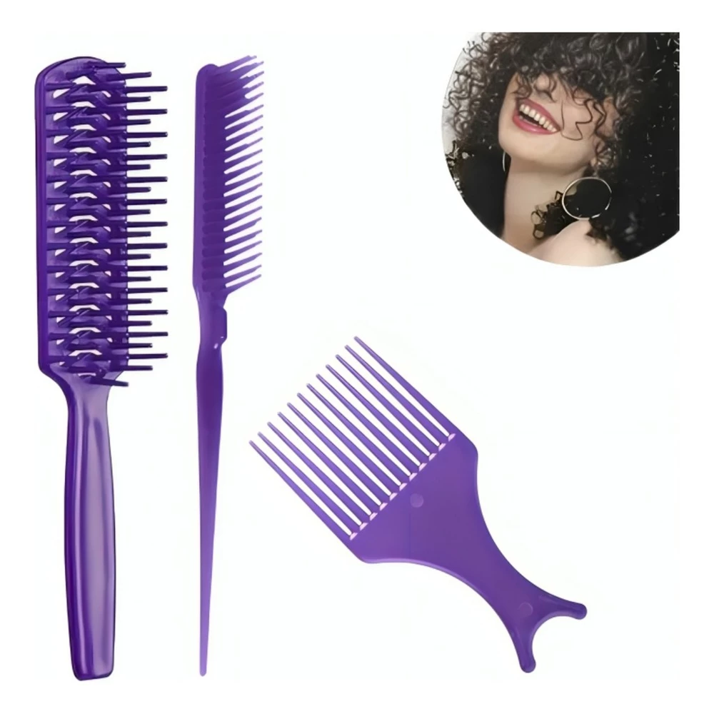 Kit 3 Pentes para Fitagem Cabelos Cacheados Ondulados e Crespos Escova Jacaré Garfo 3 Fileiras Sortidas