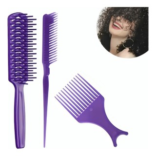 Kit 3 Pentes para Fitagem Cabelos Cacheados Ondulados e Crespos Escova Jacaré Garfo 3 Fileiras Sortidas