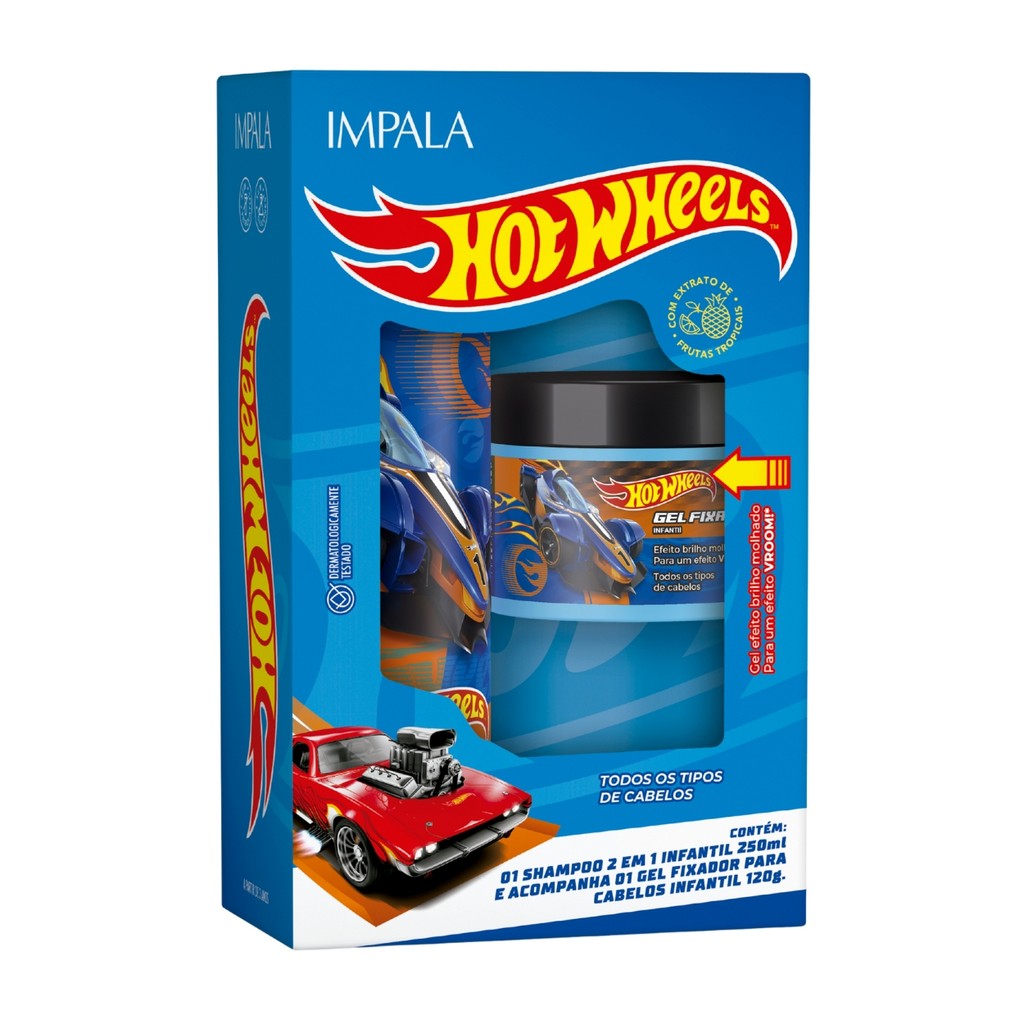Kit Shampoo 2 Em 1 Gel Fixador Kids Hot Wheels Azul Impala