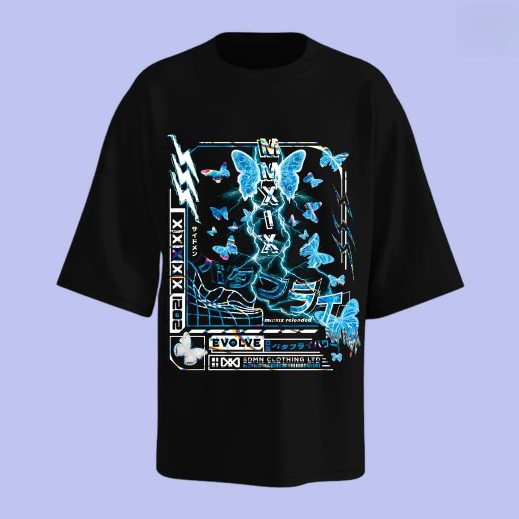 Camiseta Premium em Algodão PuroSISI Camiseta Preta Oversized Feminina Com Estampa Azul Borboletas Malha Algodão